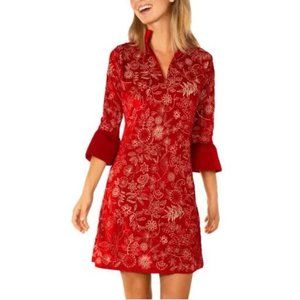 Gretchen Smith Red Velvet Embroidered Botanical Dress L